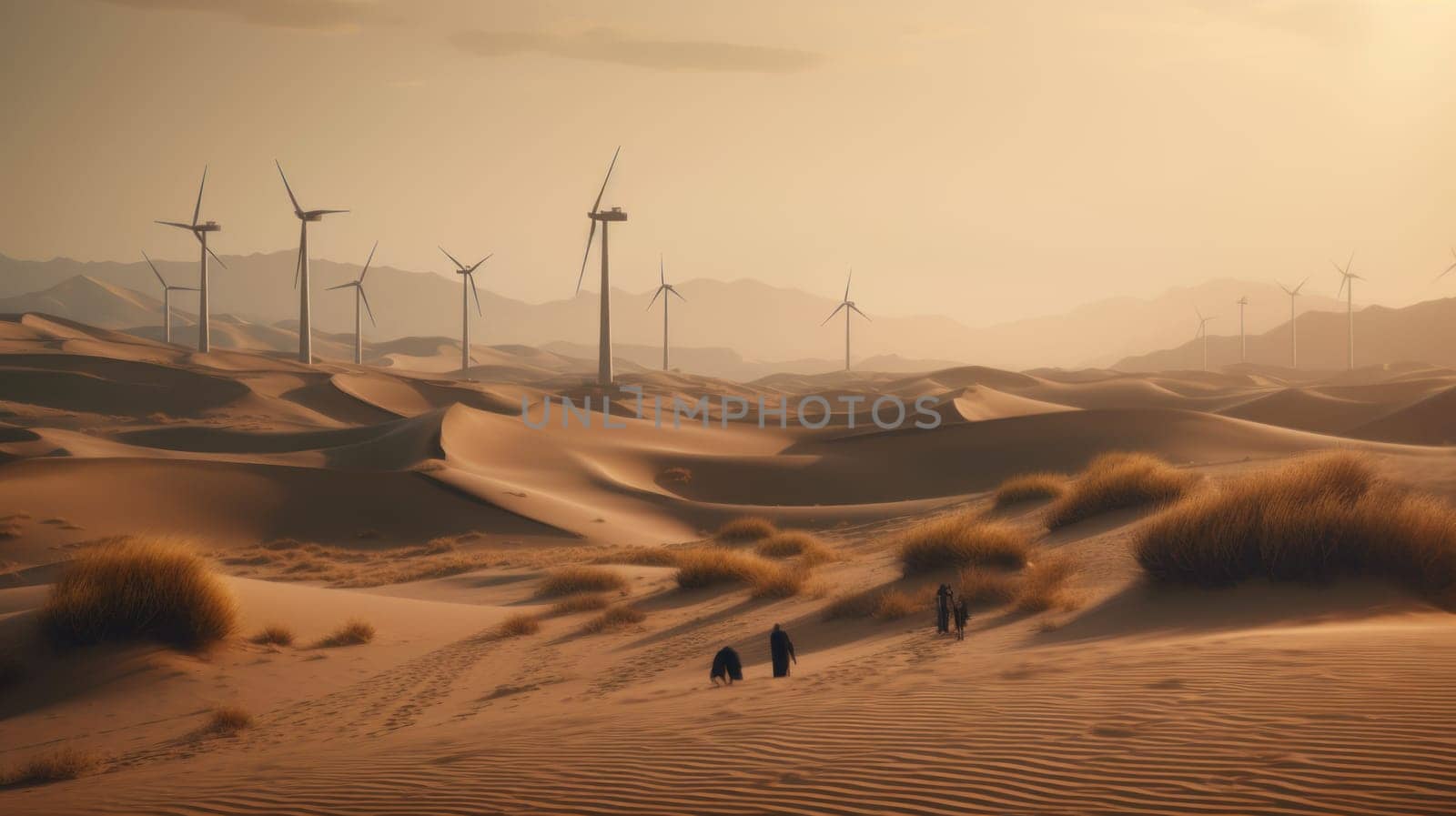 Wind turbines in the desert, renewable energy concept. Generative AI by nateemee