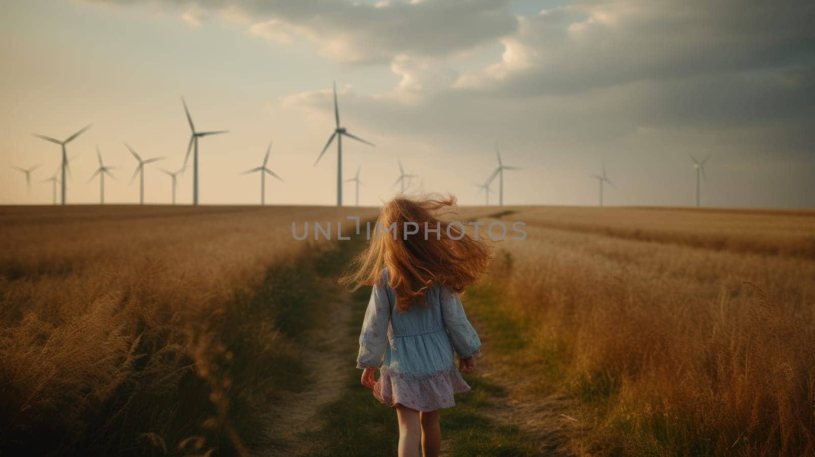 Adorable girl standing in wind turbine field. Green alternative energy, Generative AI.