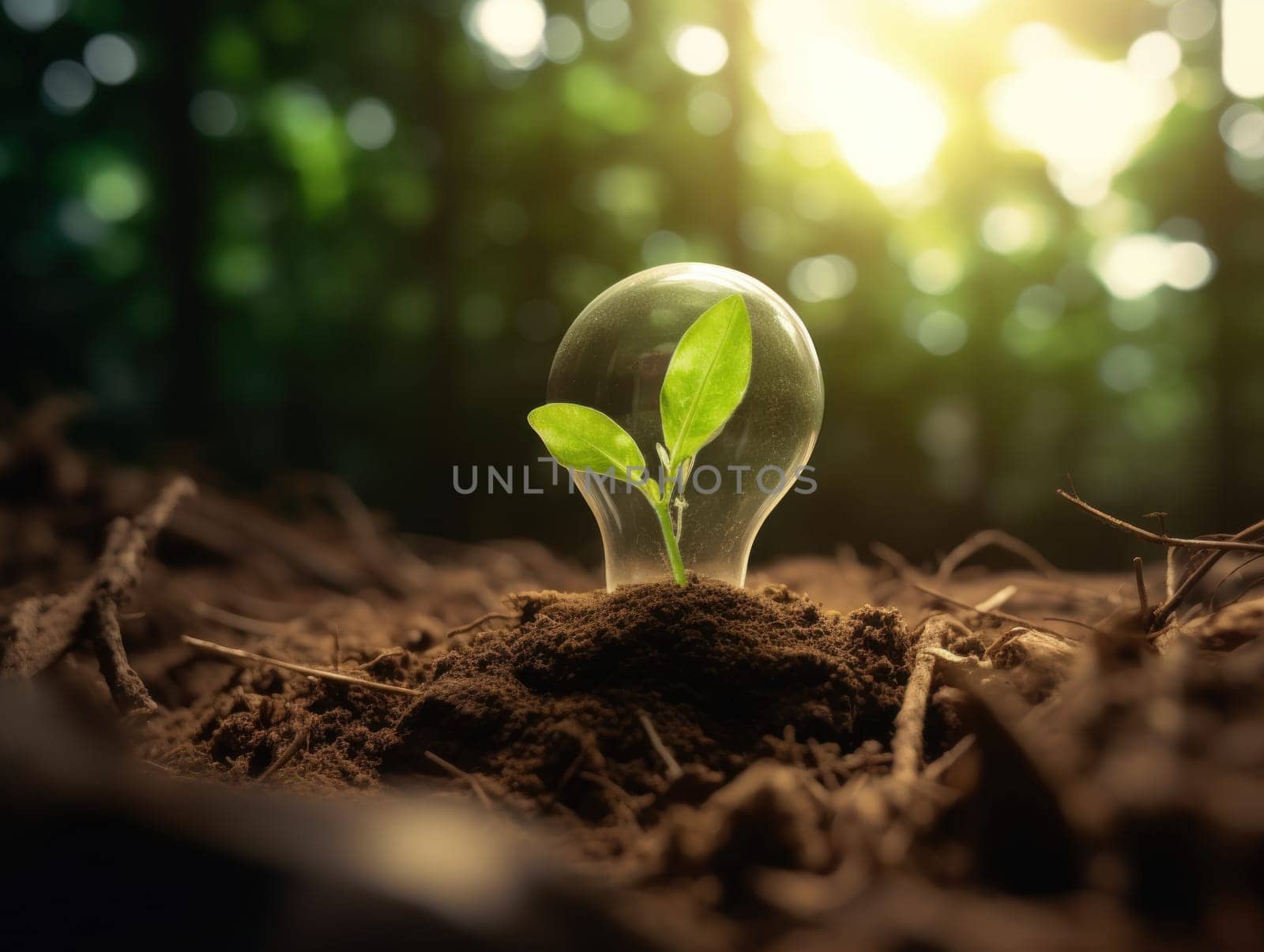 Tree growing on light bulb with sunshine in nature. saving energy and eco concept. Generative AI.