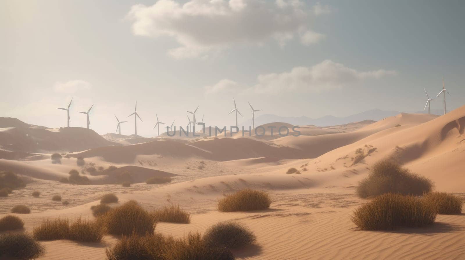 Wind turbines in the desert, renewable energy concept. Generative AI by nateemee