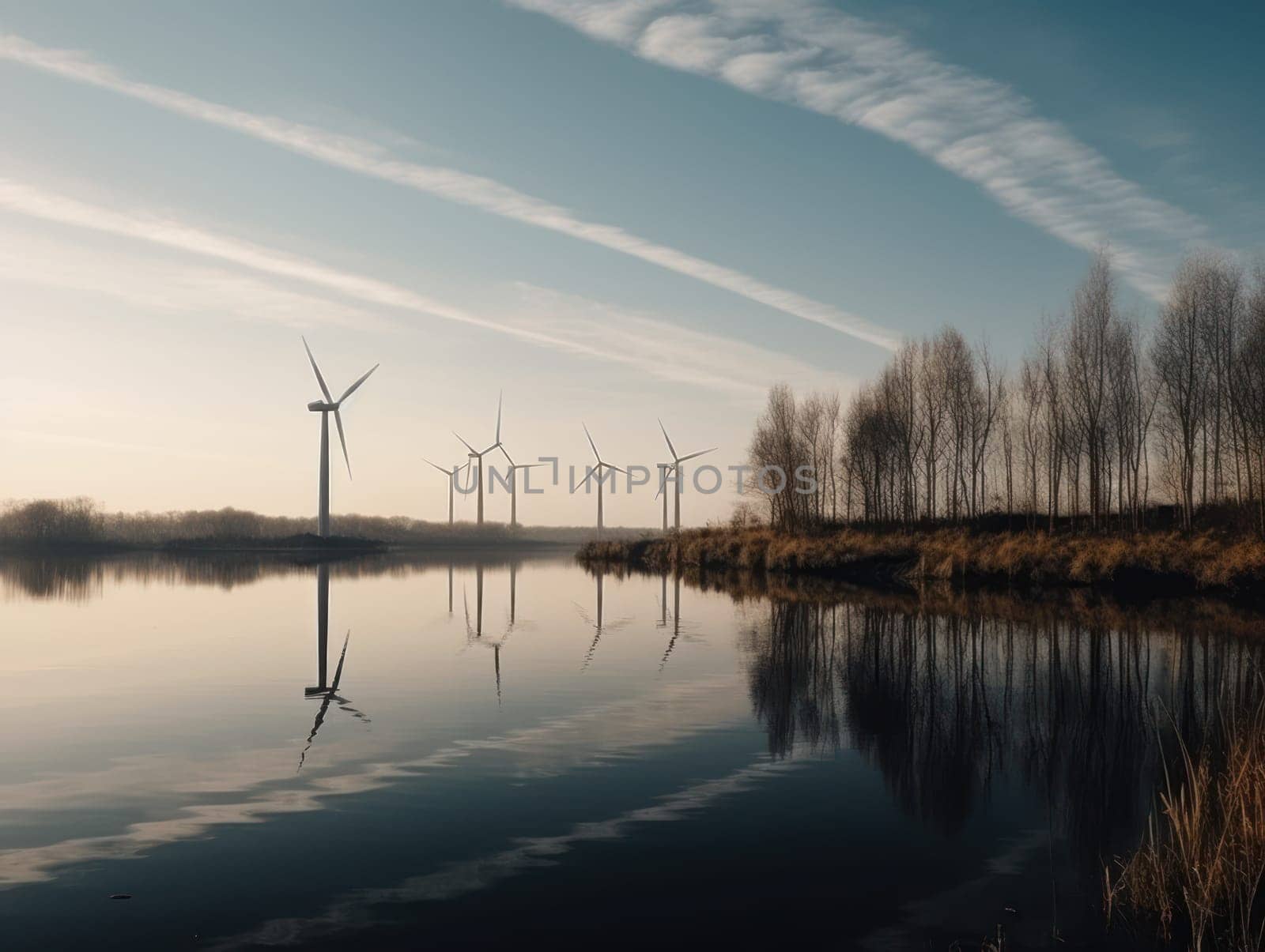 Turbines next to the river. Green energy and eco environment concept. Generative AI.