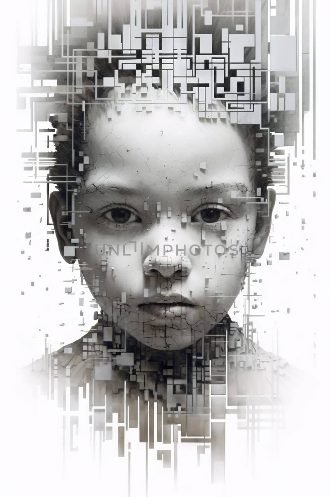 Pixelated child portrait in white and grey tones - generative AI, AI generated by chrisroll