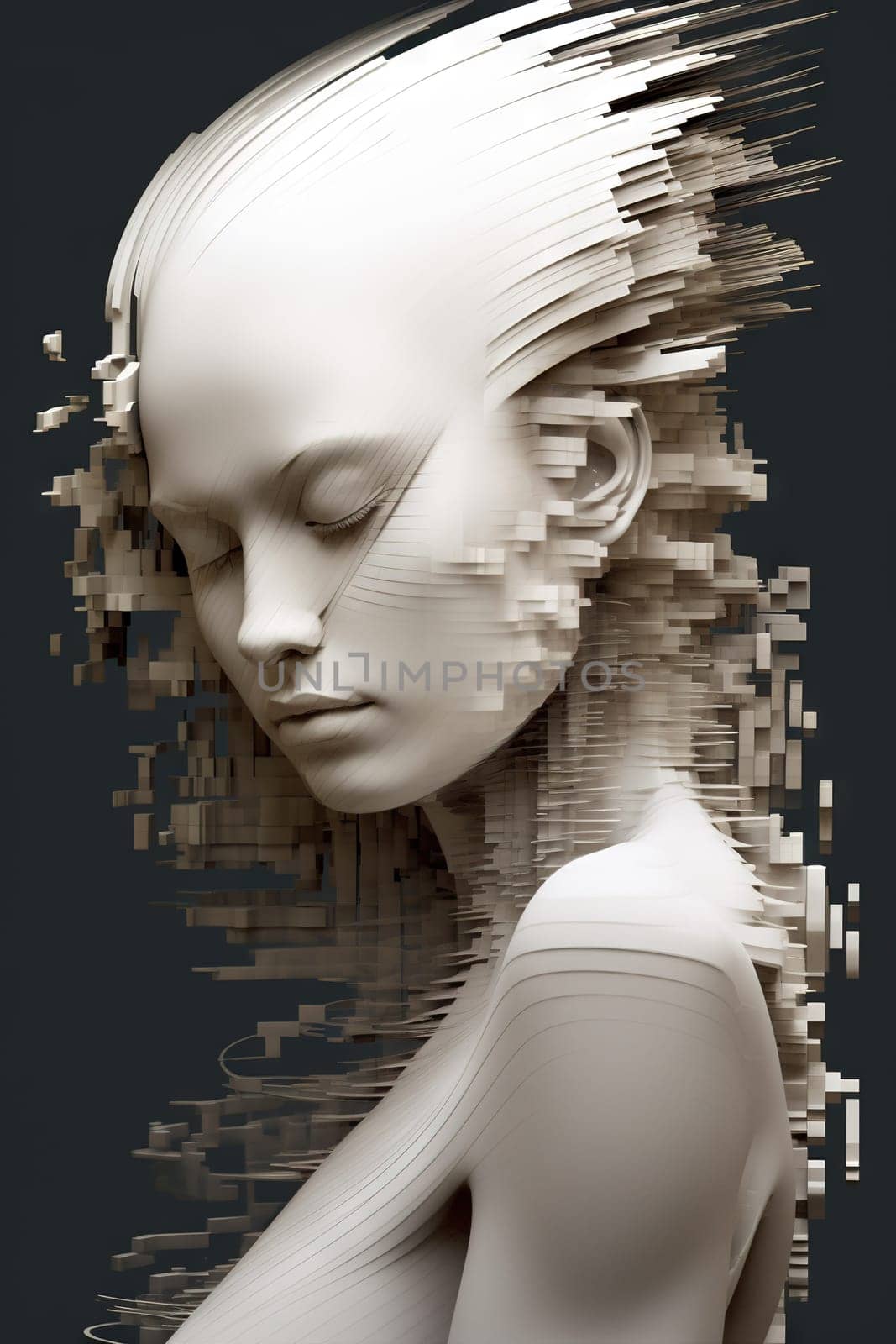 Pixelated woman portrait in white and grey tones - generative AI - AI generated