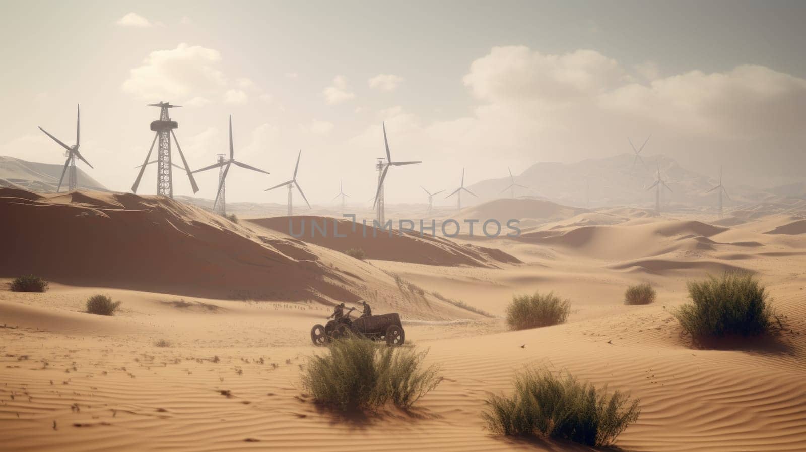 Wind turbines in the desert, renewable energy concept. Generative AI.