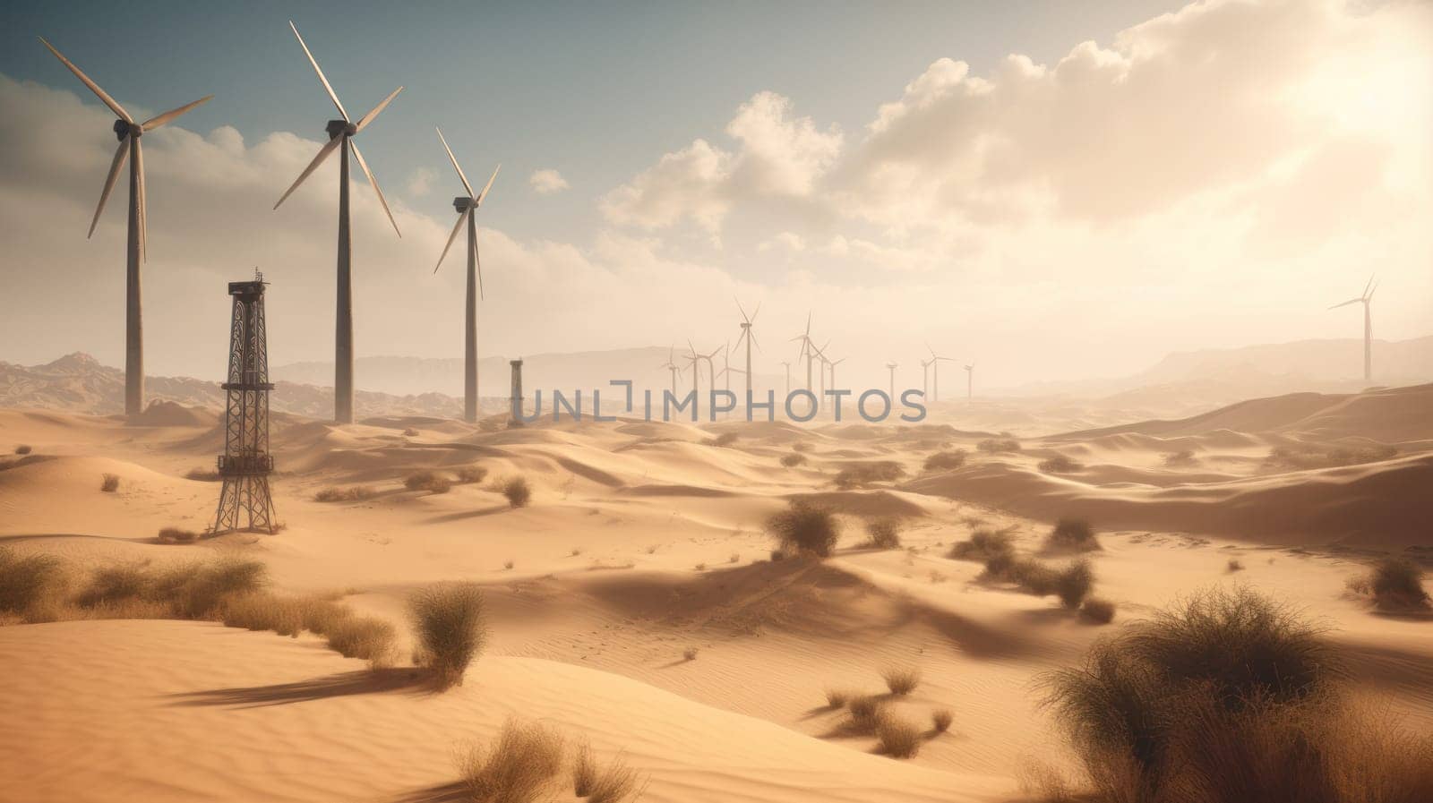 Wind turbines in the desert, renewable energy concept. Generative AI by nateemee