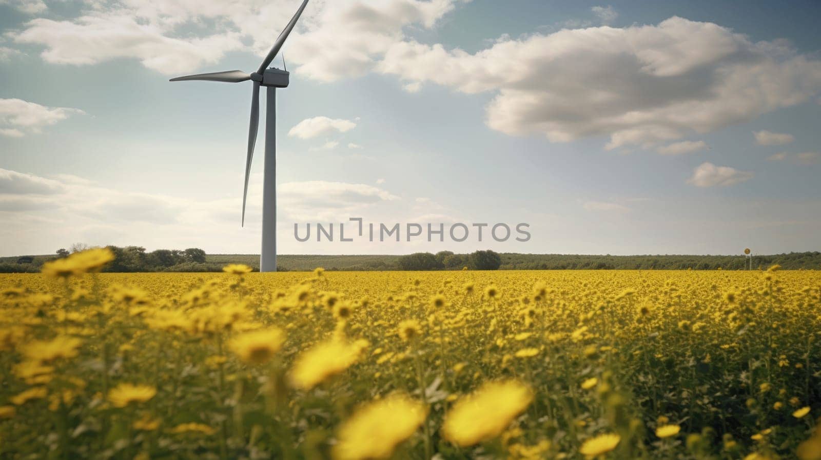 Wind turbine in a yellow flower field, Alternative energy. Generative AI.