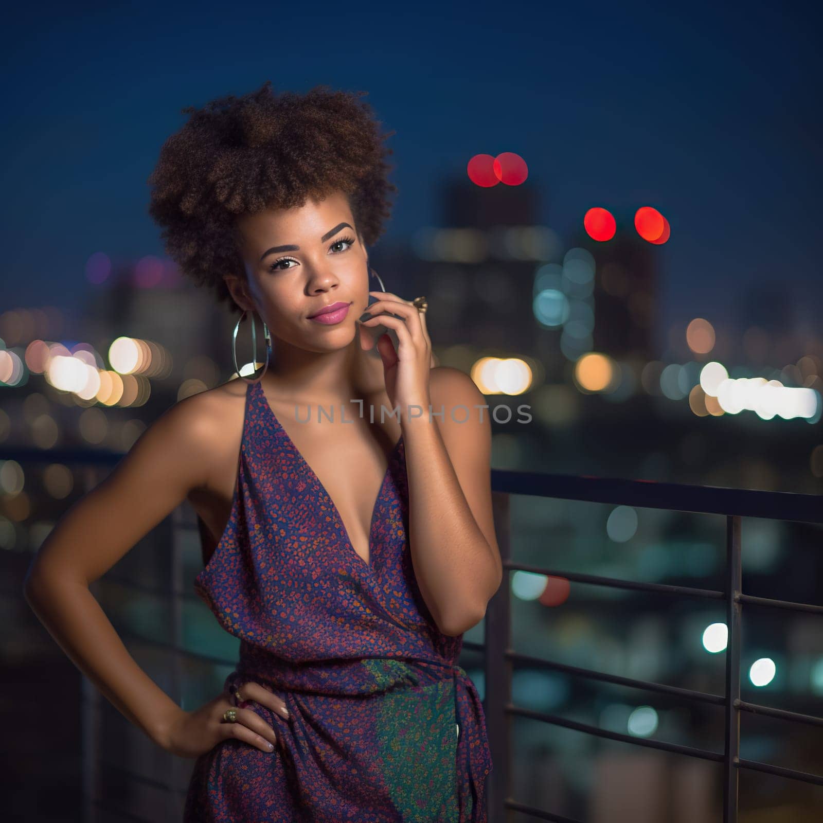 a 24-year-old African American female wearing a chic, colorful jumpsuit in a modern rooftop setting - generative AI - AI generated