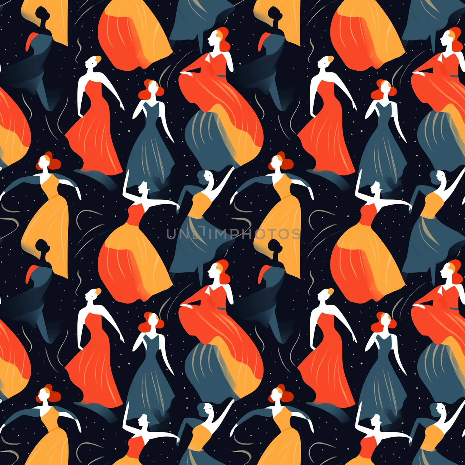 Seamless pattern: hand drawn watercolor dancing abstract people. Fashion illustration with streaks and splashes of paint.. generative ai by maclura