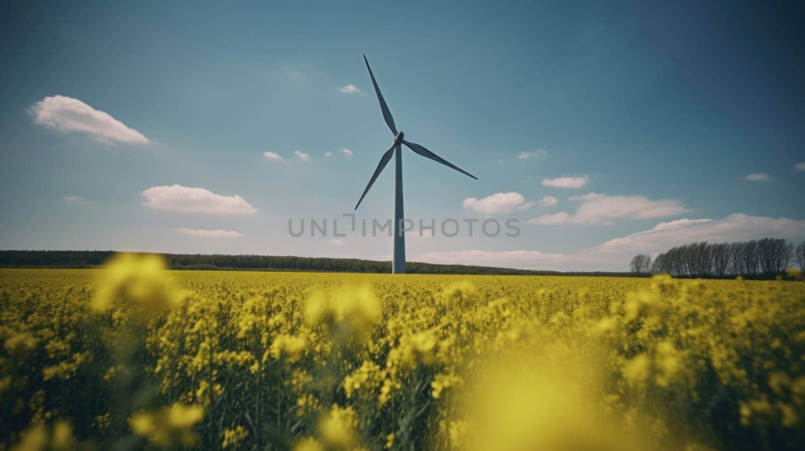 Wind turbine in a yellow flower field, Alternative energy. Generative AI.