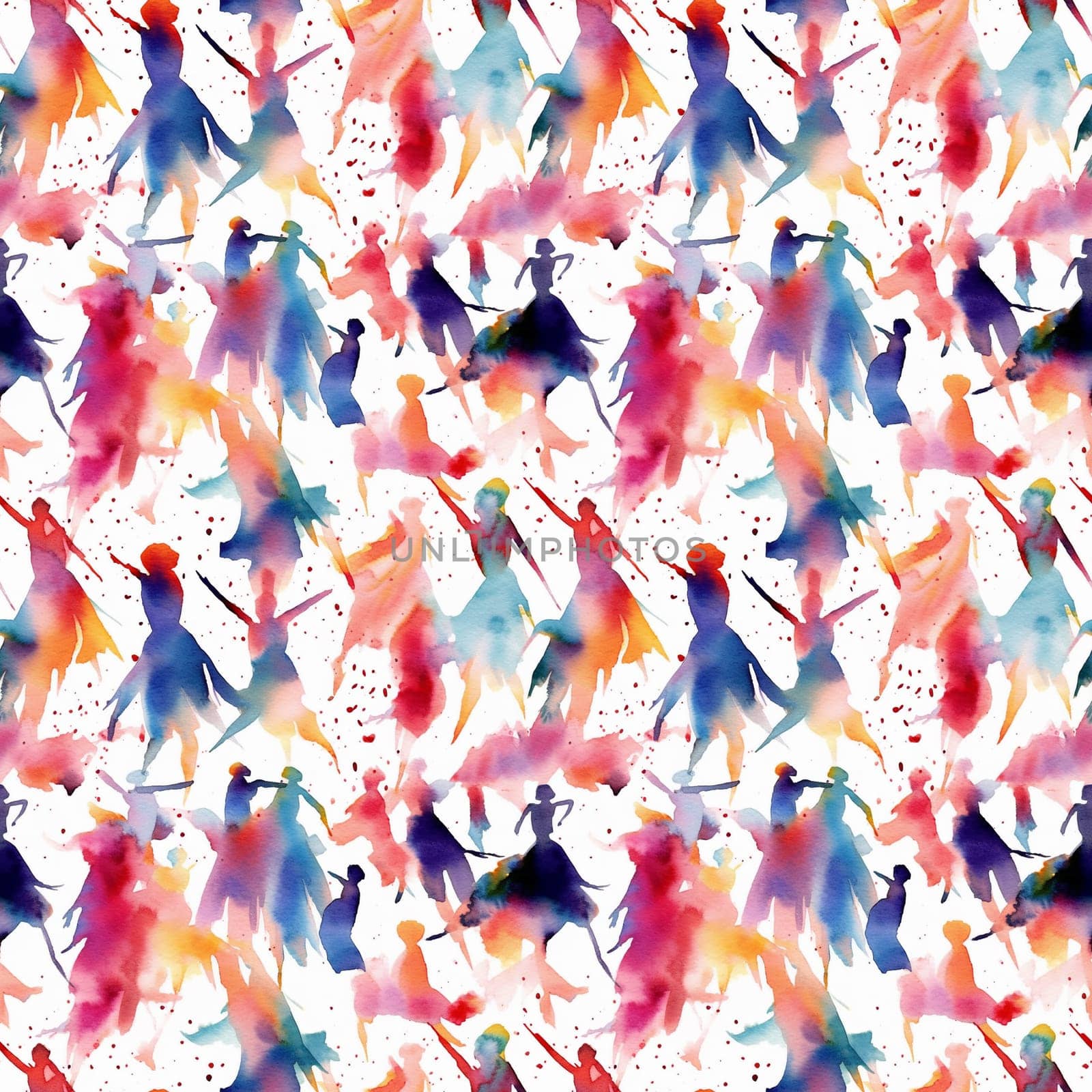 Seamless pattern: hand drawn watercolor dancing abstract people. Fashion illustration with streaks and splashes of paint. AI