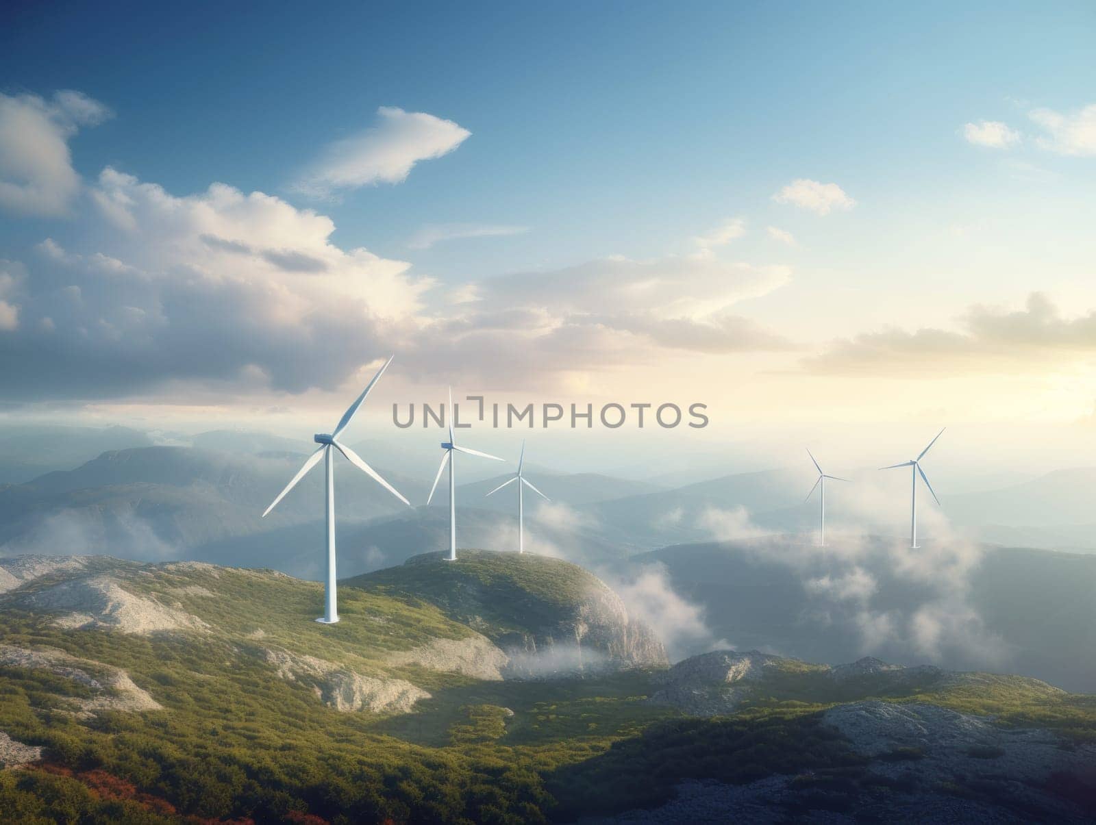 Wind turbines on beautiful sunny summer autumn mountain landsape. Generative AI.