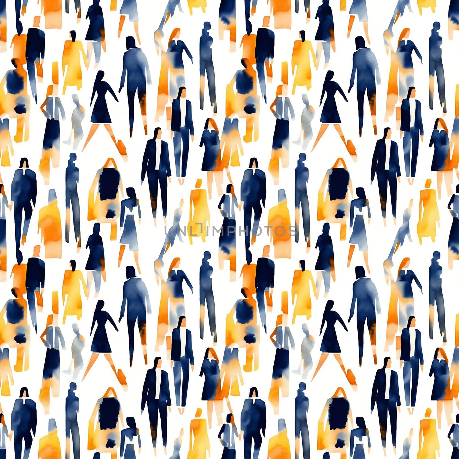 Seamless pattern: hand drawn watercolor people walking. Fashion illustration with streaks and splashes of paint. generative ai by maclura