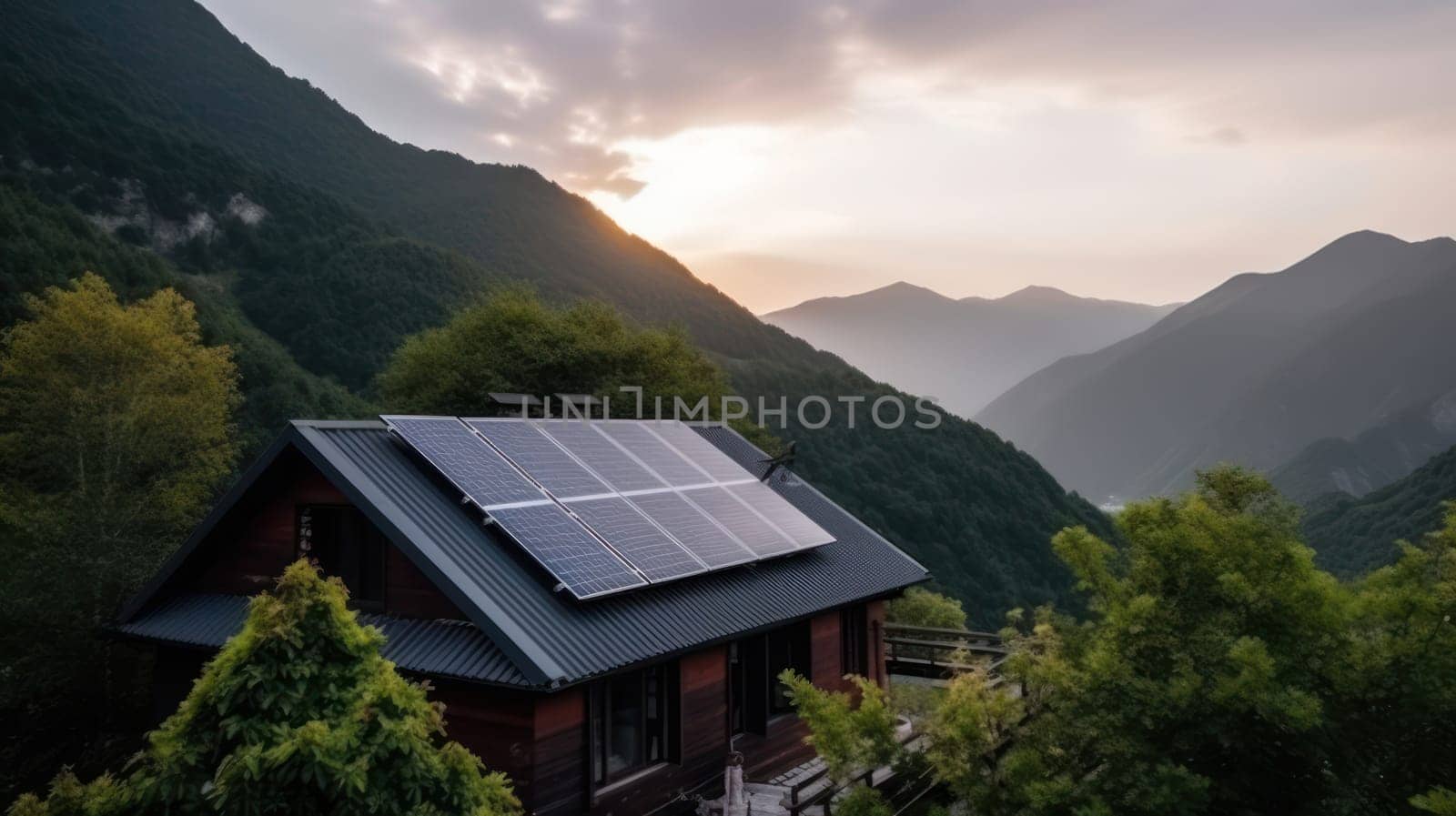 eco-friendly house with solar panels on the roof surrounded by green nature. Generative AI.