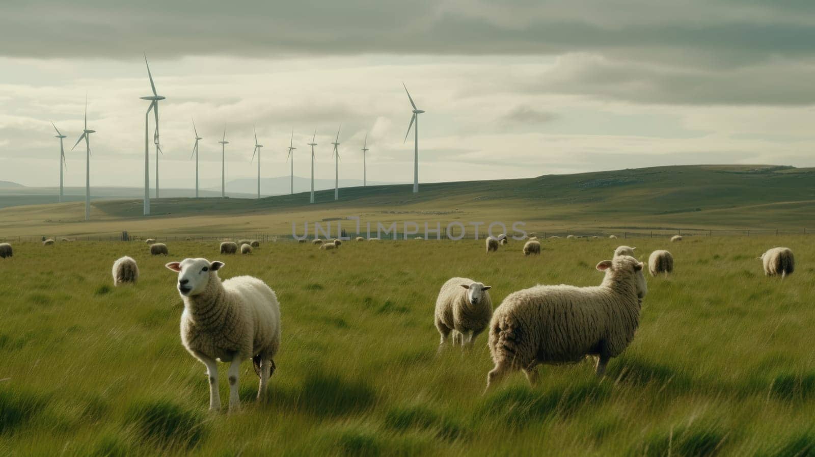 Sheep grazing near wind turbines on the mountain. Generative AI by nateemee