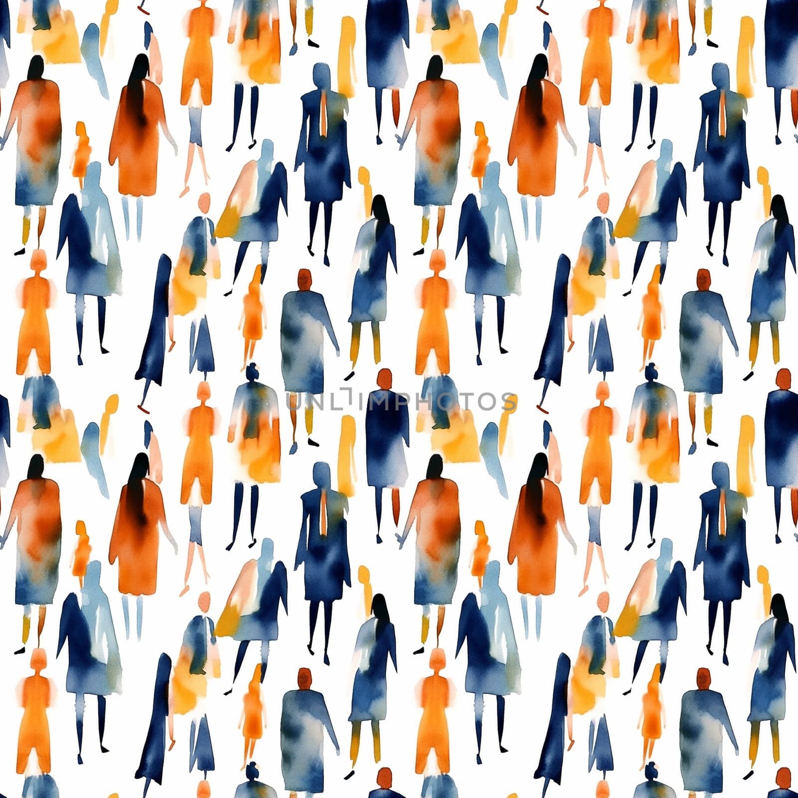 Seamless pattern: hand drawn watercolor people walking. Fashion illustration with streaks and splashes of paint. generative ai by maclura