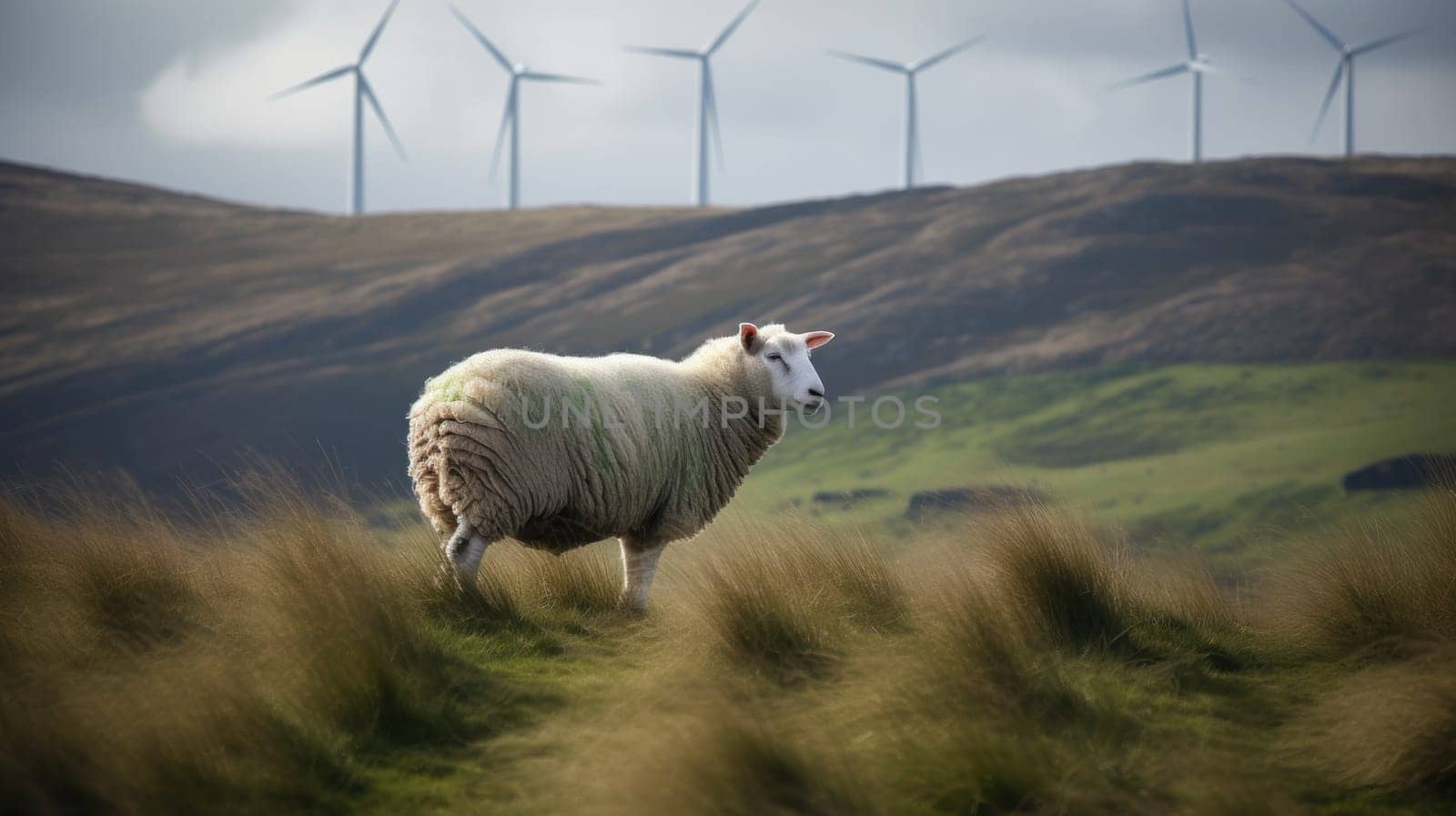 Sheep grazing near wind turbines on the mountain. Generative AI.