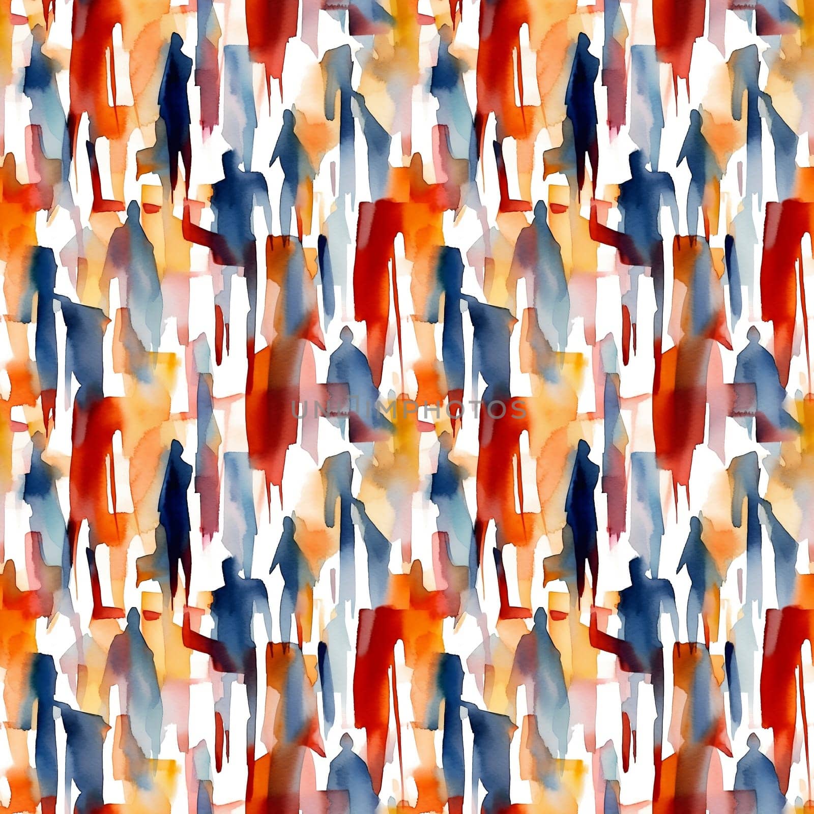 Seamless pattern: hand drawn watercolor people walking. Fashion illustration with streaks and splashes of paint. AI