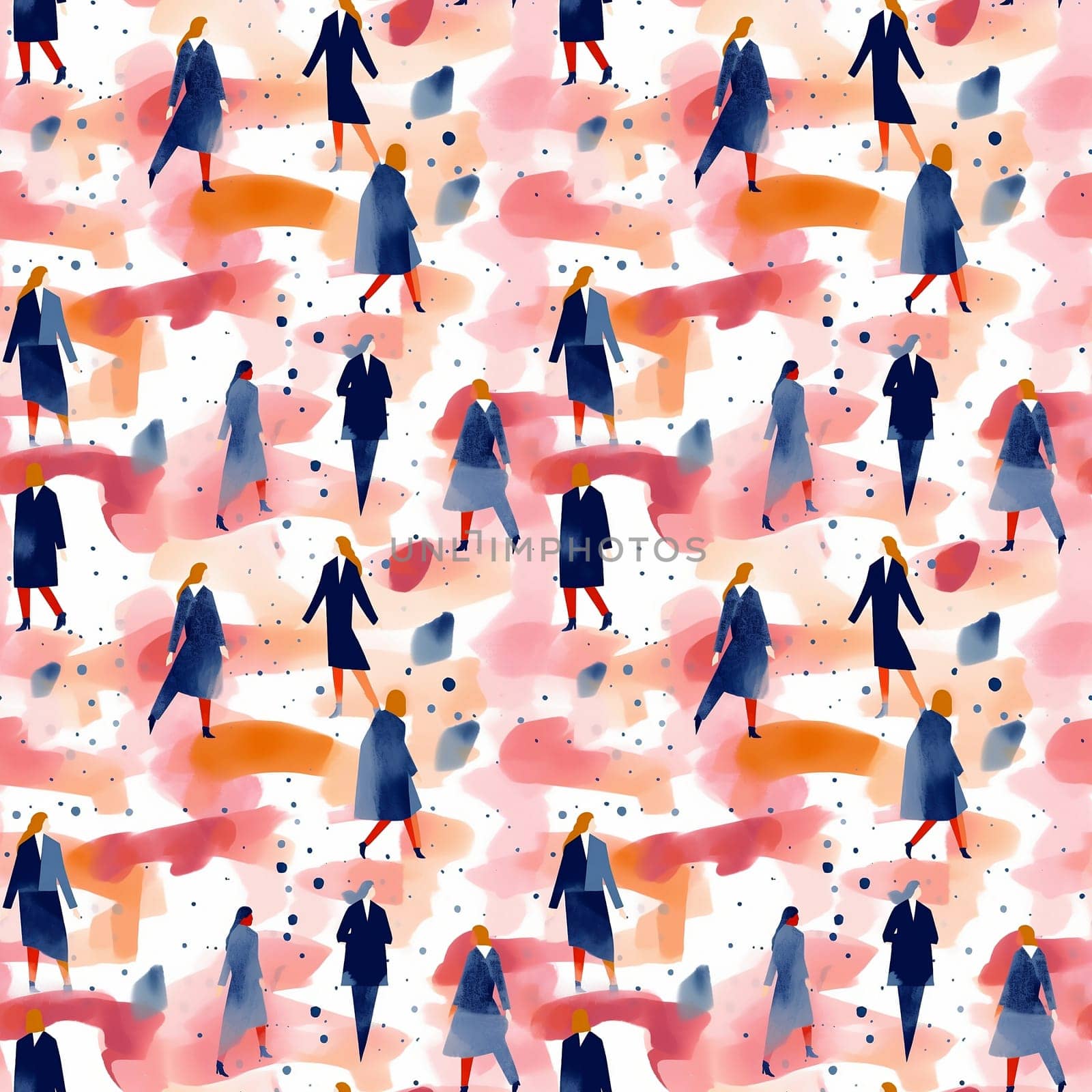 Seamless pattern: hand drawn watercolor people walking. Fashion illustration with streaks and splashes of paint. generative ai by maclura