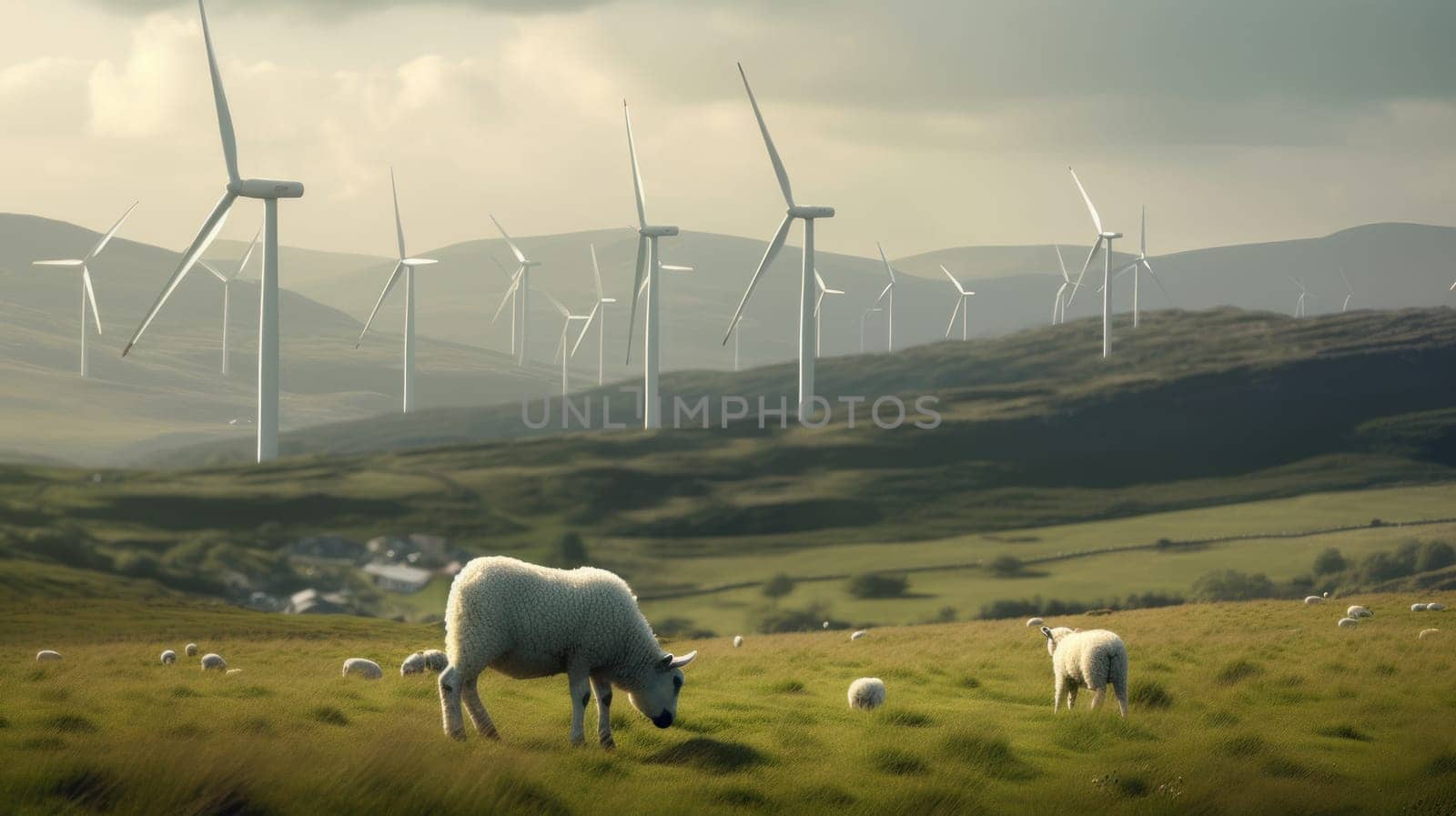 Sheep grazing near wind turbines on the mountain. Generative AI by nateemee