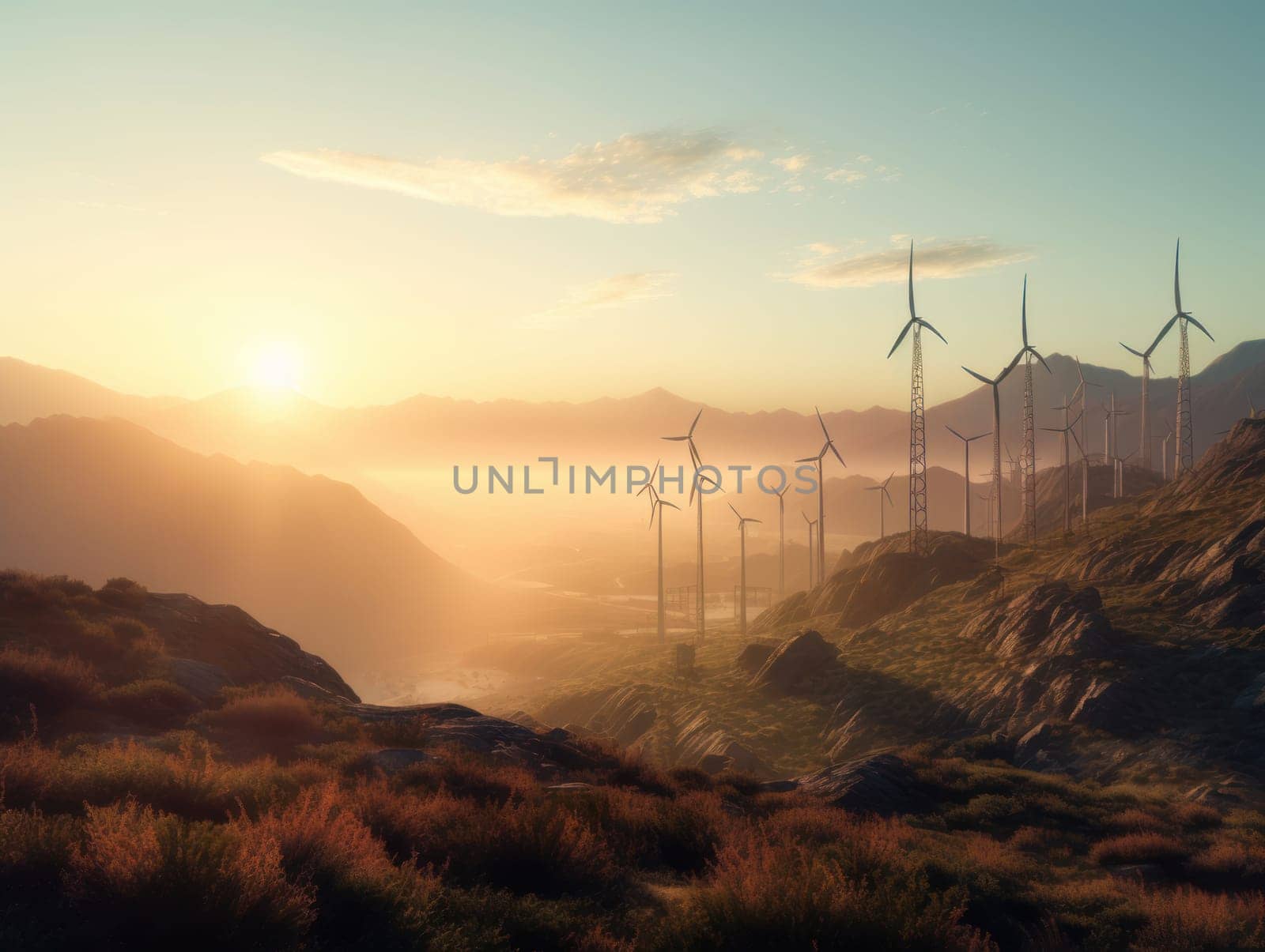 Wind turbines on beautiful sunny summer autumn mountain landsape. Generative AI.