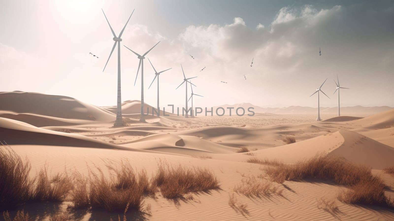 Wind turbines in the desert, renewable energy concept. Generative AI.