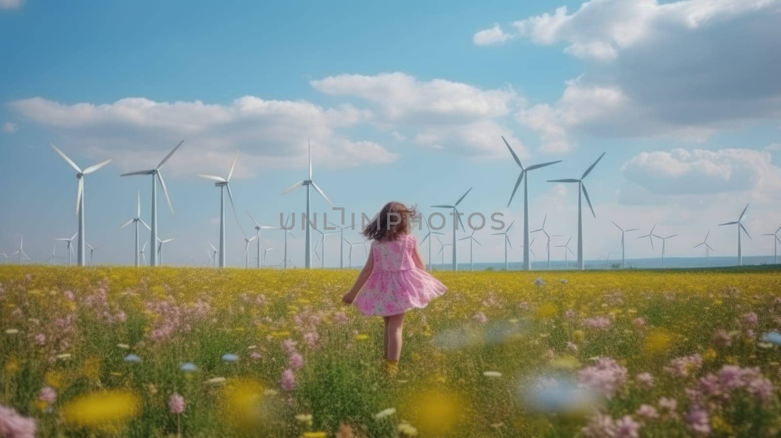 Adorable girl standing in wind turbine field. Green alternative energy, Generative AI by nateemee