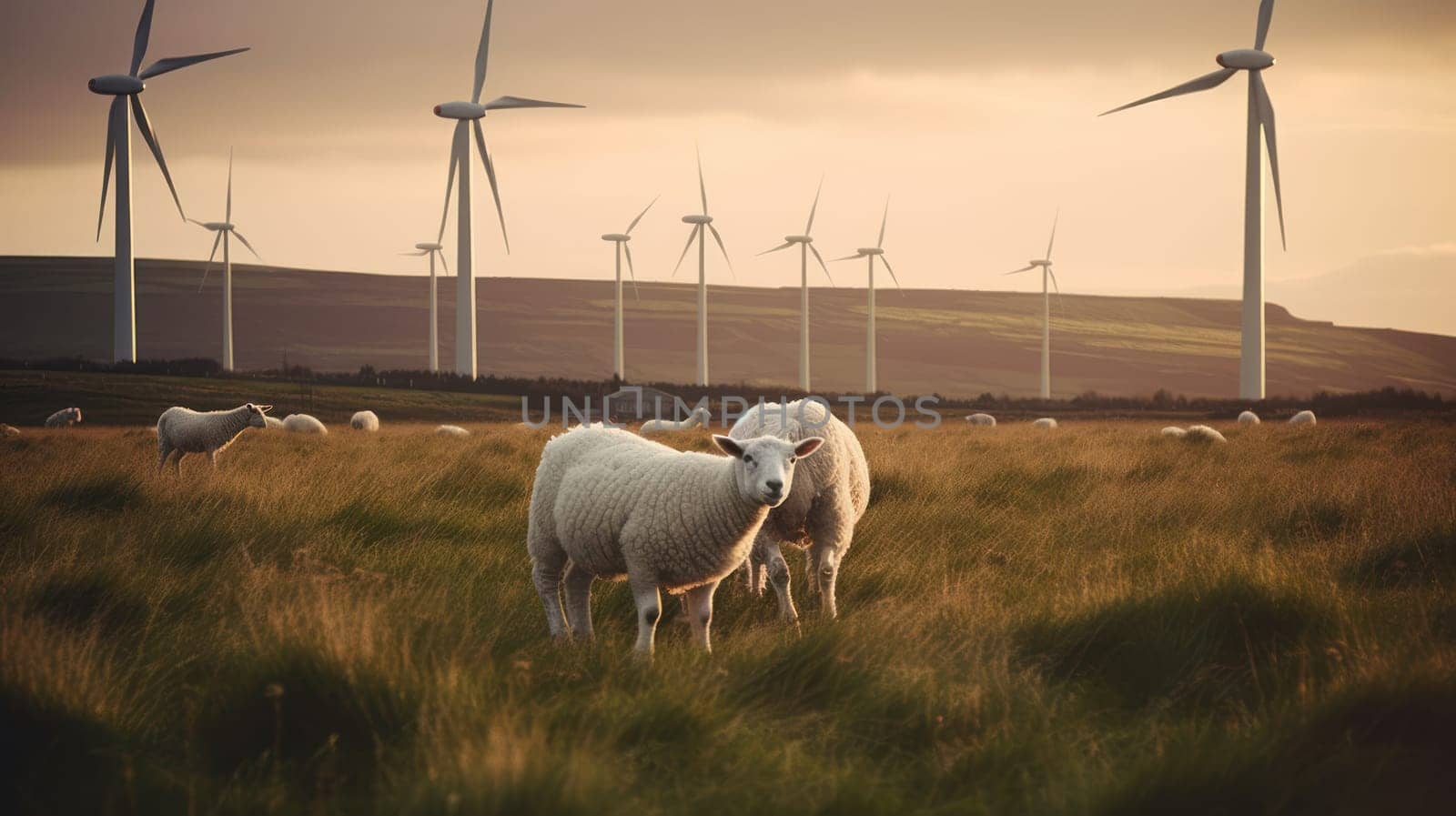 Sheep grazing near wind turbines on the mountain. Generative AI by nateemee