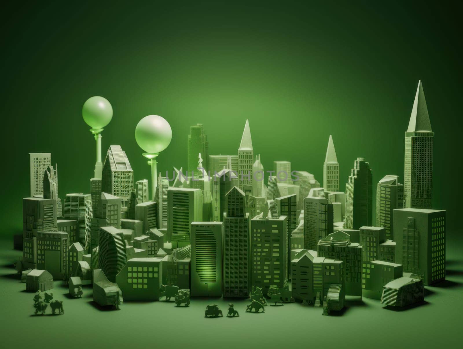 Green energy and sustainable concept, electric car and green city paper cut art. Generative AI.