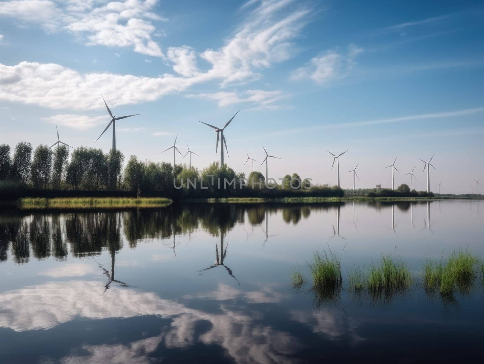 Turbines next to the river. Green energy and eco environment concept. Generative AI.