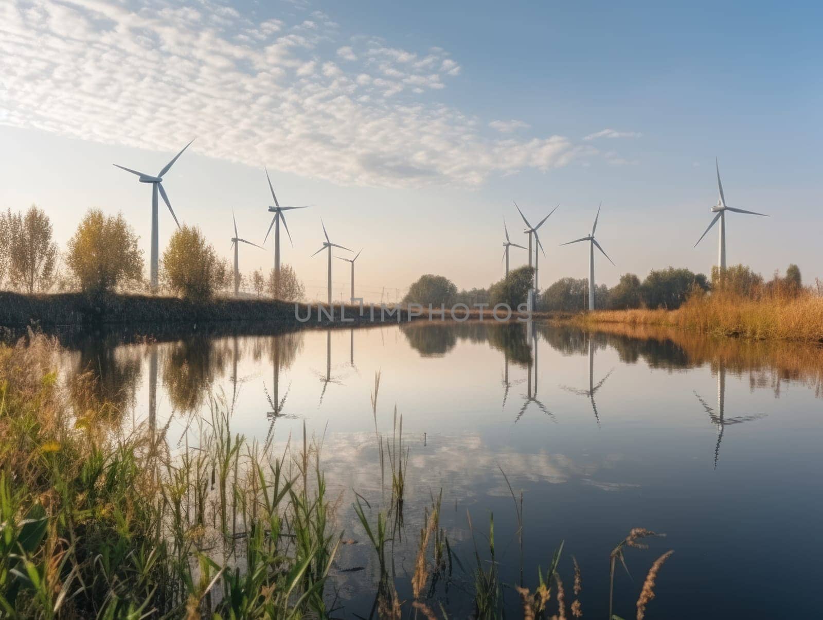 Turbines next to the river. Green energy and eco environment concept. Generative AI.