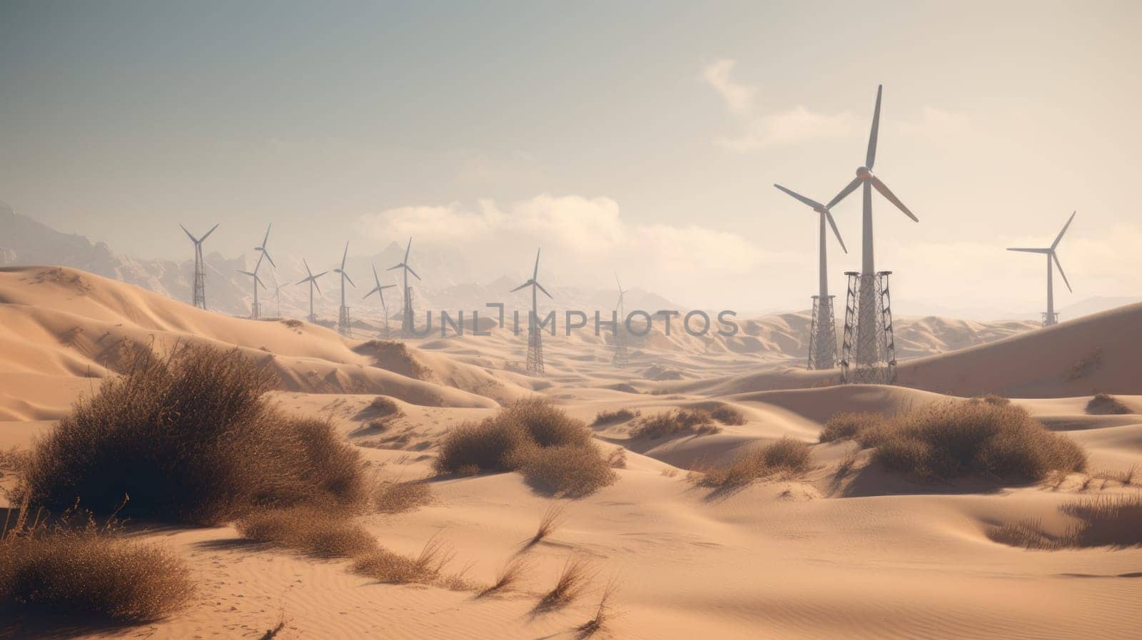 Wind turbines in the desert, renewable energy concept. Generative AI.