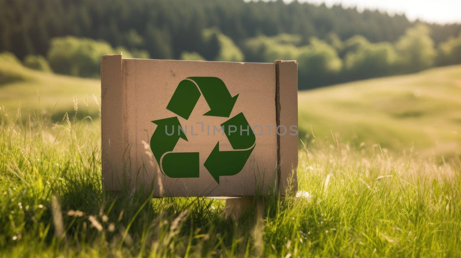 Recycle symbol on the green grass, sustainable and eco environment concept. Generative AI.