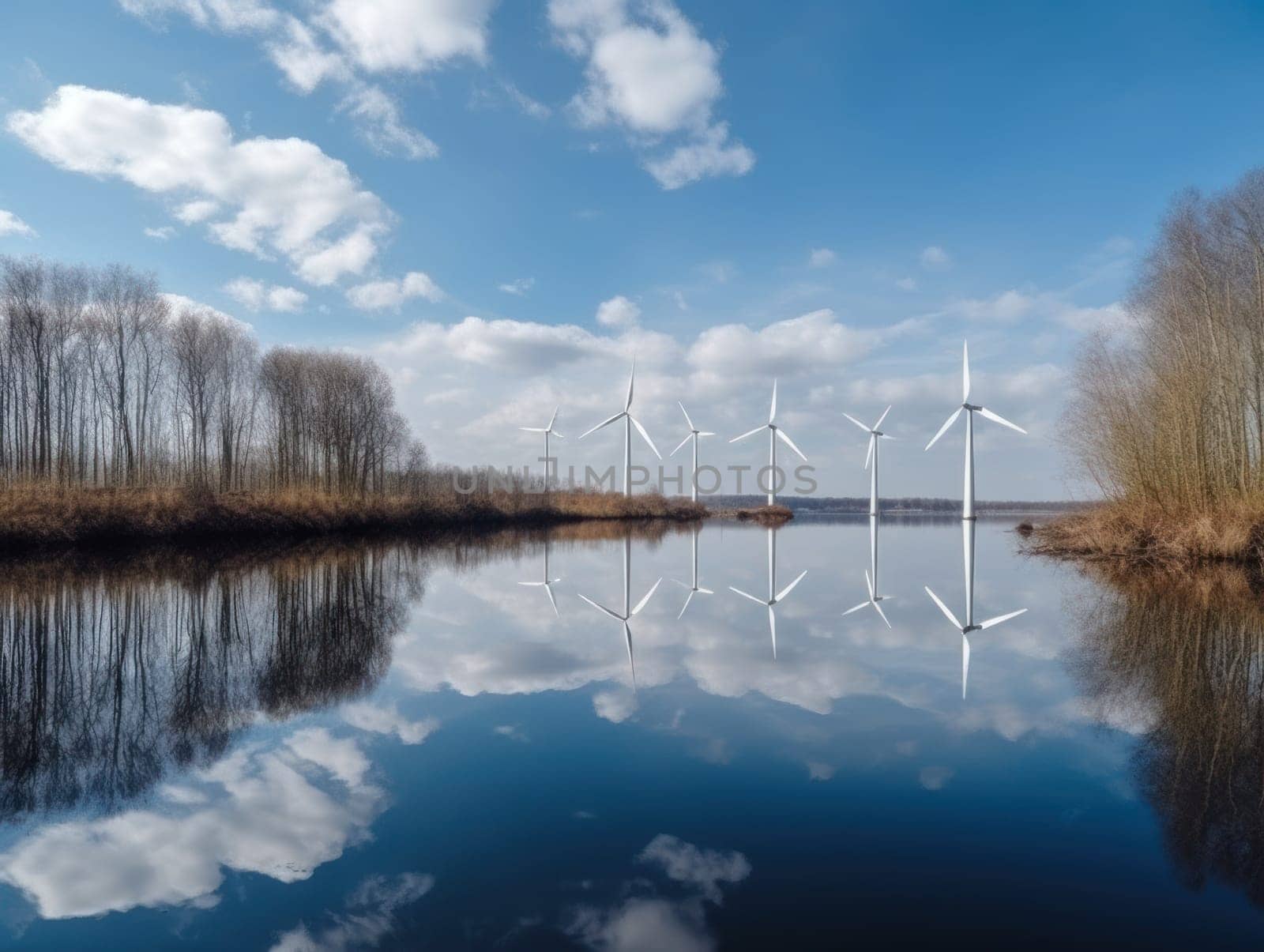 Turbines next to the river. Green energy and eco environment concept. Generative AI.