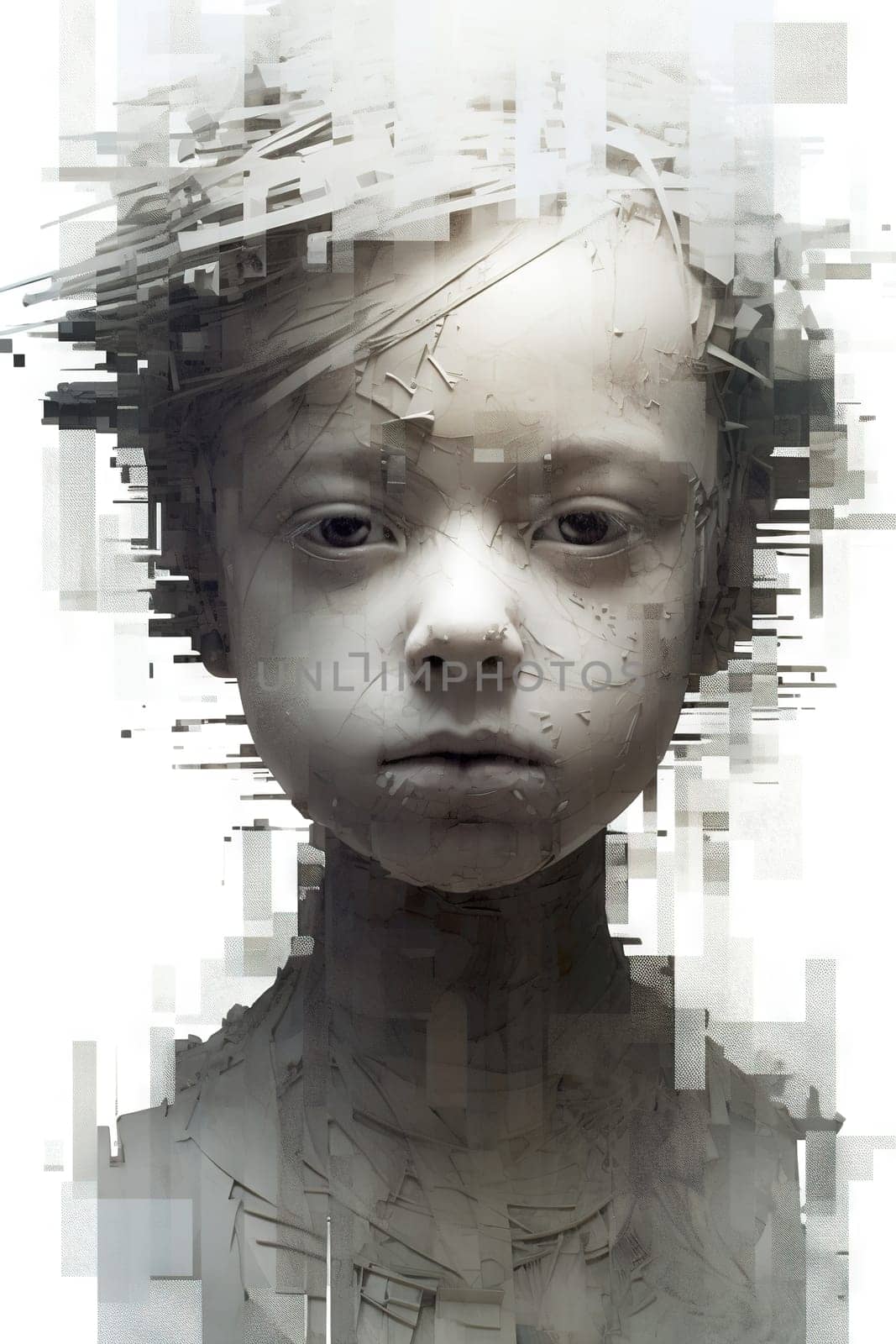 Pixelated child portrait in white and grey tones - generative AI, AI generated by chrisroll