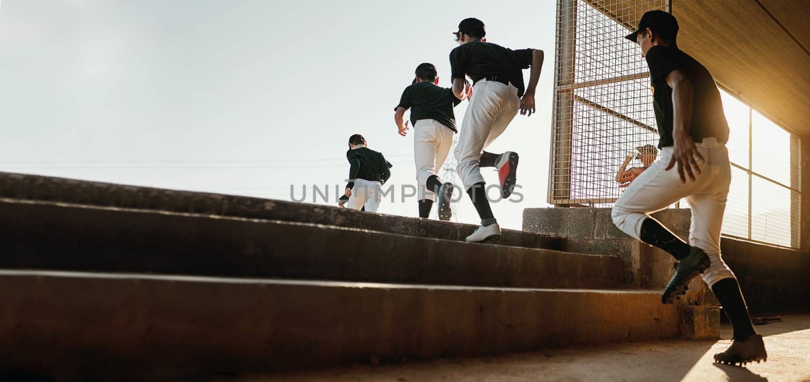 Baseball team, exercise and sport stadium training of professional athlete group doing a workout. Running, softball and cardio of sports game people doing a action run to pitch on field with mockup.