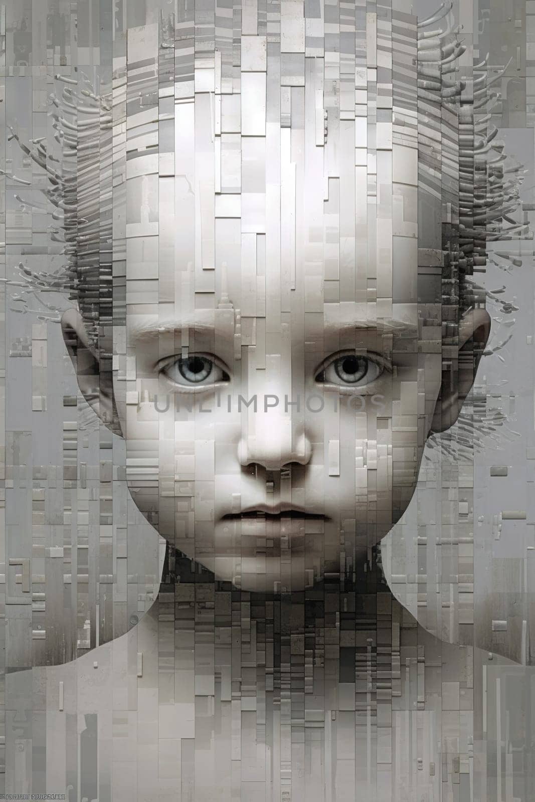 Pixelated child portrait in white and grey tones - generative AI, AI generated by chrisroll