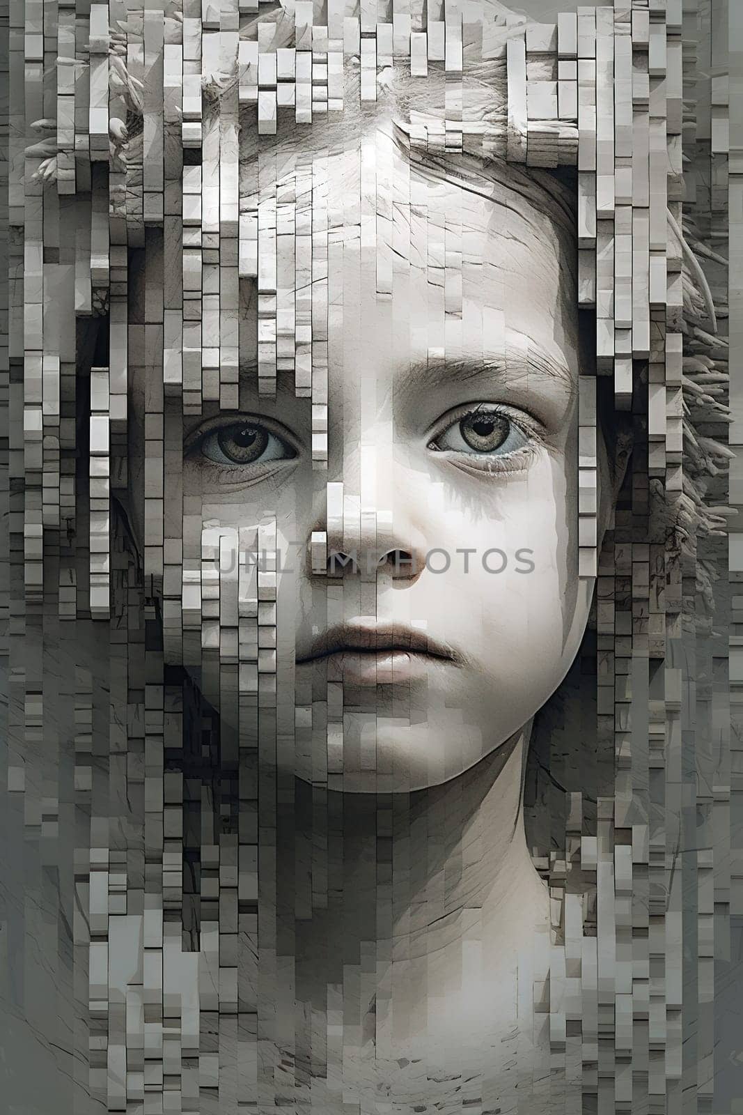 Pixelated child portrait in white and grey tones - generative AI - AI generated