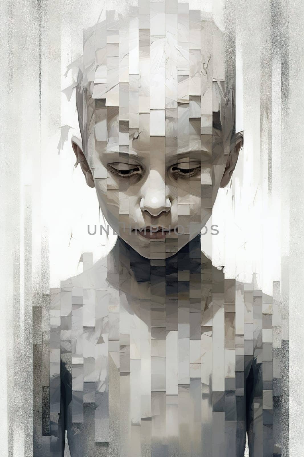 Pixelated child portrait in white and grey tones - generative AI - AI generated