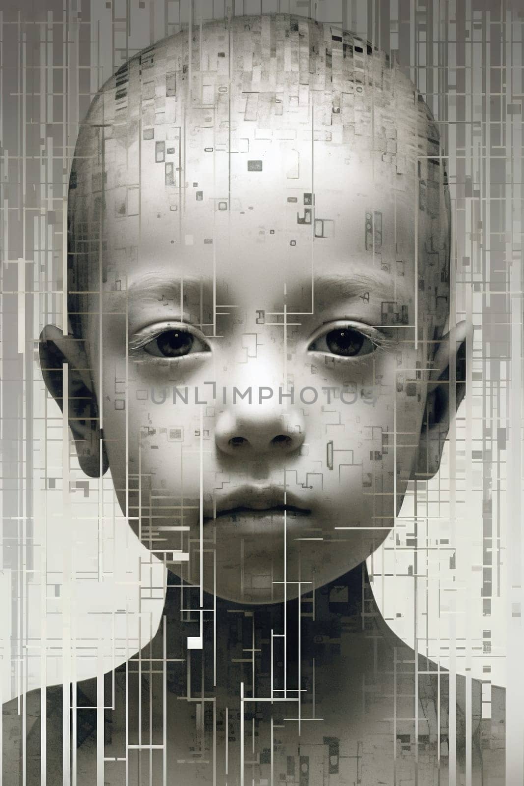 Pixelated child portrait in white and grey tones - generative AI - AI generated