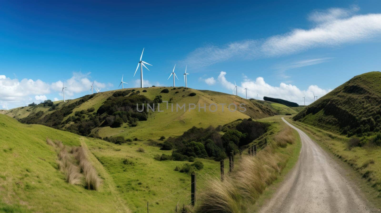 Wind turbines on the hill. green alternative energy. Generative AI.