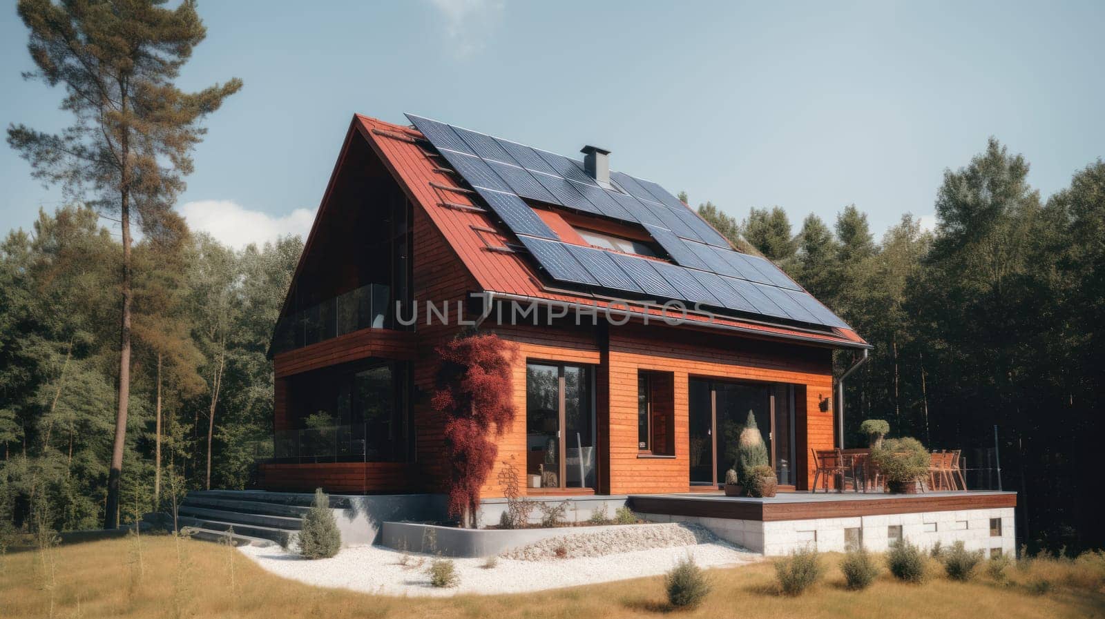 Alternative green energy, solar panels on the roof top of the house. Generative AI.