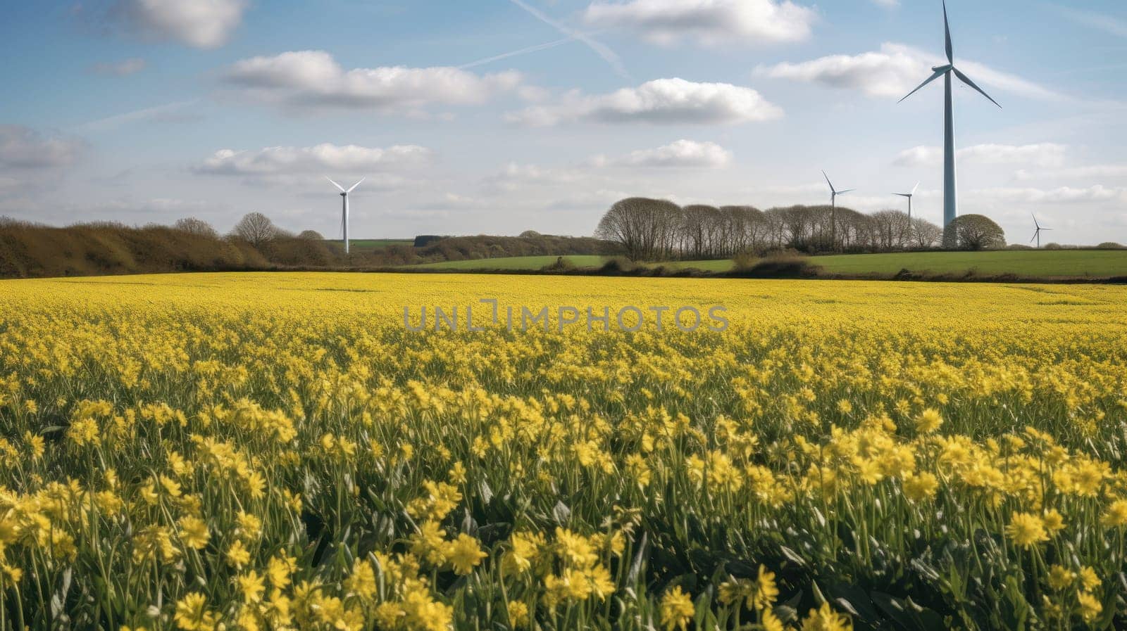 Wind turbine in a yellow flower field, Alternative energy. Generative AI.