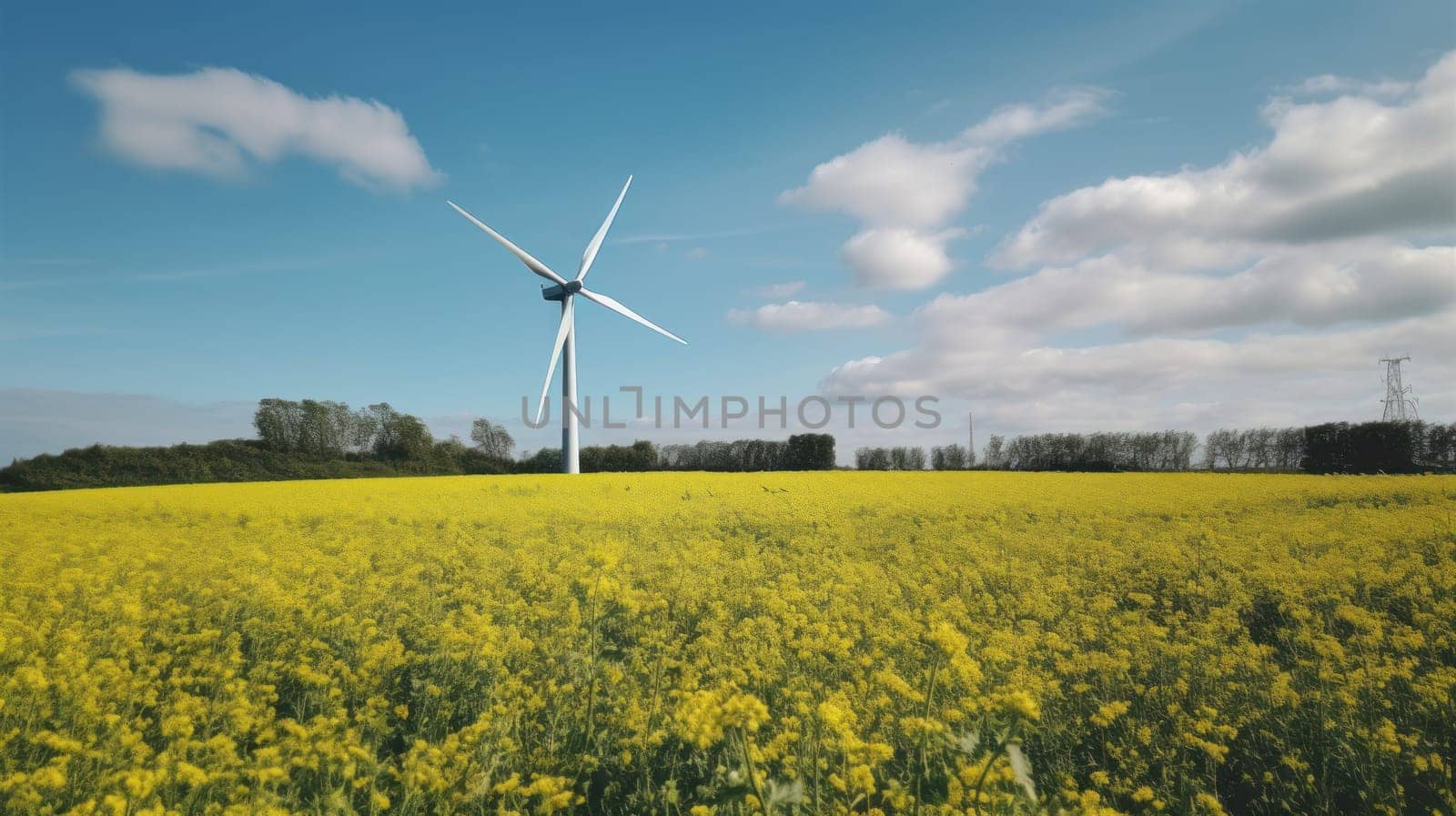 Wind turbine in a yellow flower field, Alternative energy. Generative AI.