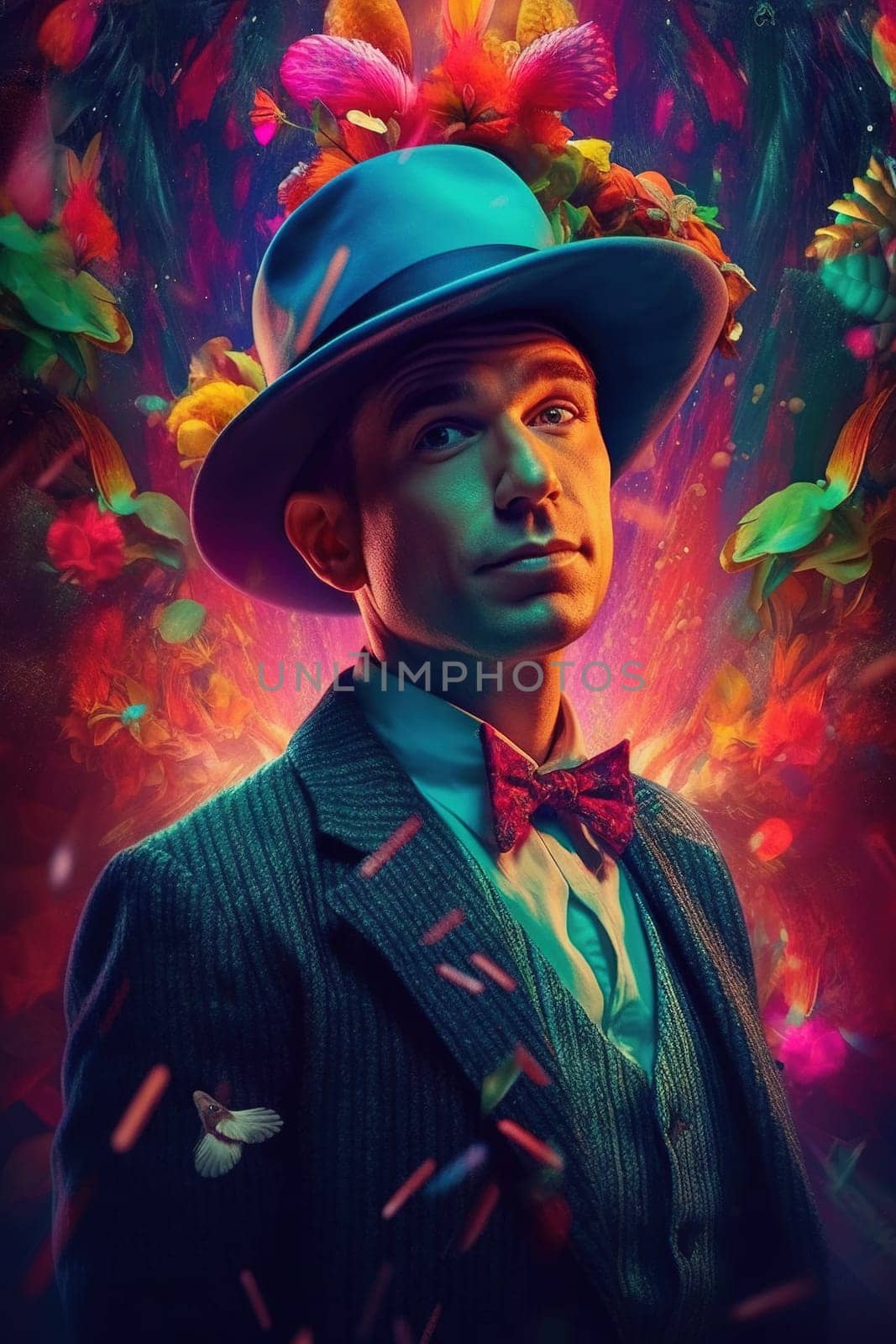 Man with bow tie and hat portrait - magical colored lights, generative AI, AI generated by chrisroll