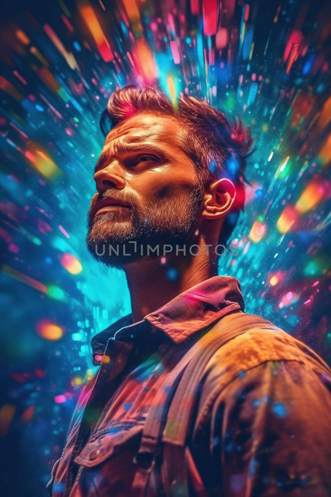 Man portrait - magical colored lights, generative AI, AI generated by chrisroll