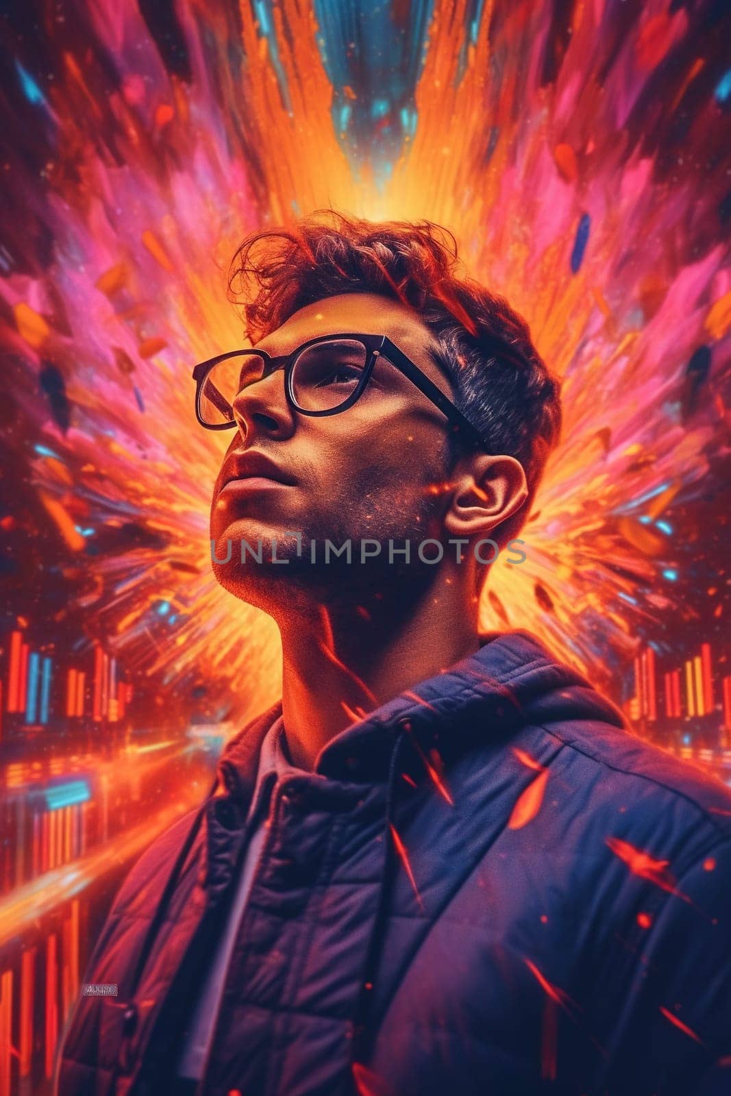 Man with glasses portrait - magical colored lights, generative AI, AI generated by chrisroll
