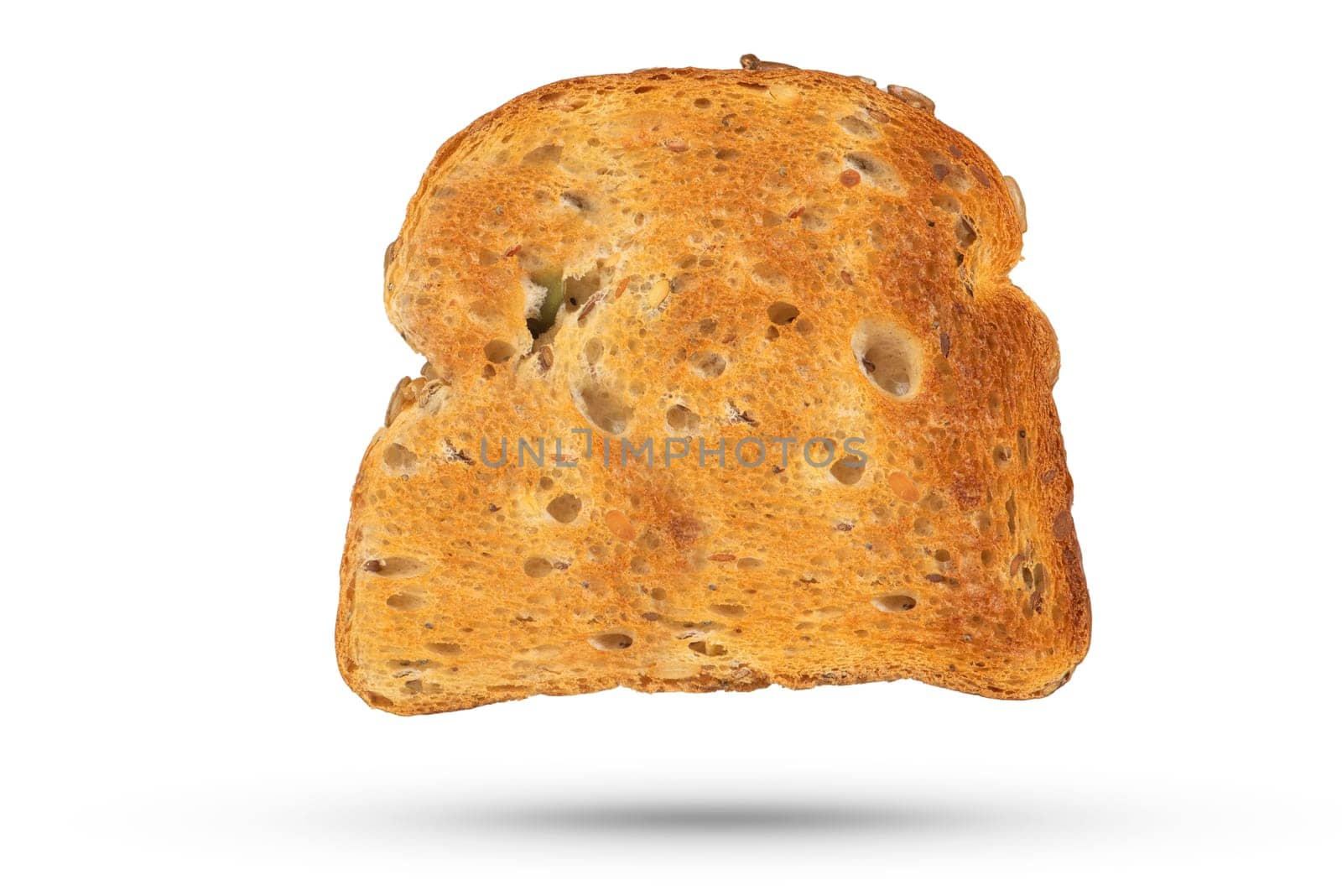 Isolate of one slice of white bread. Toasted whole grain bread from a toaster isolated on a white background. The concept of baking, cutting or eating bread products. by SERSOL