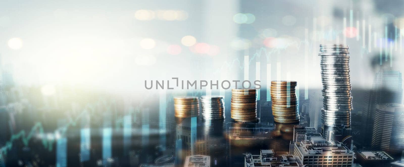Money, finance and accounting with coins in a stack on a CGI or digital overlay background for investment. Stock market, inflation or trading with a coin pile of profit in the city for economy growth by YuriArcurs