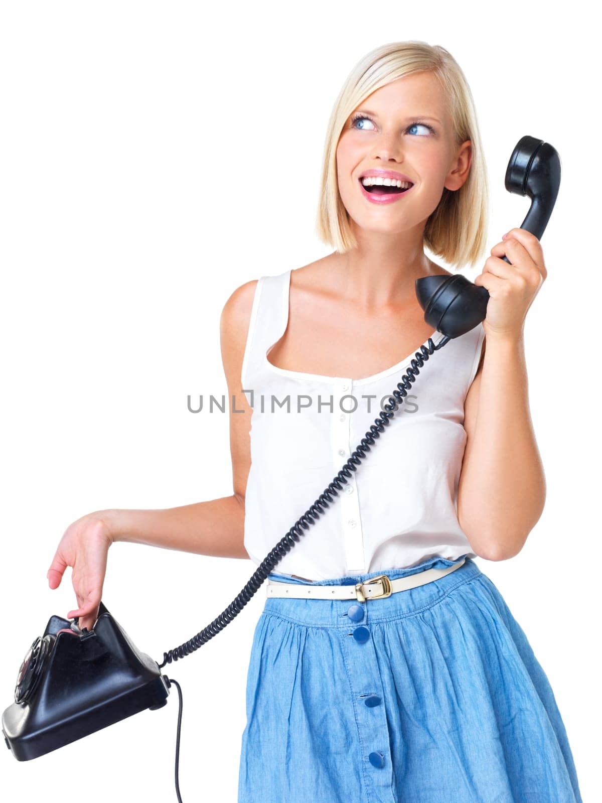 Woman is happy with telephone call, smile with communication and virtual chat isolated on white background. Happiness, retro technology and young female face with mockup space, vintage and connection by YuriArcurs