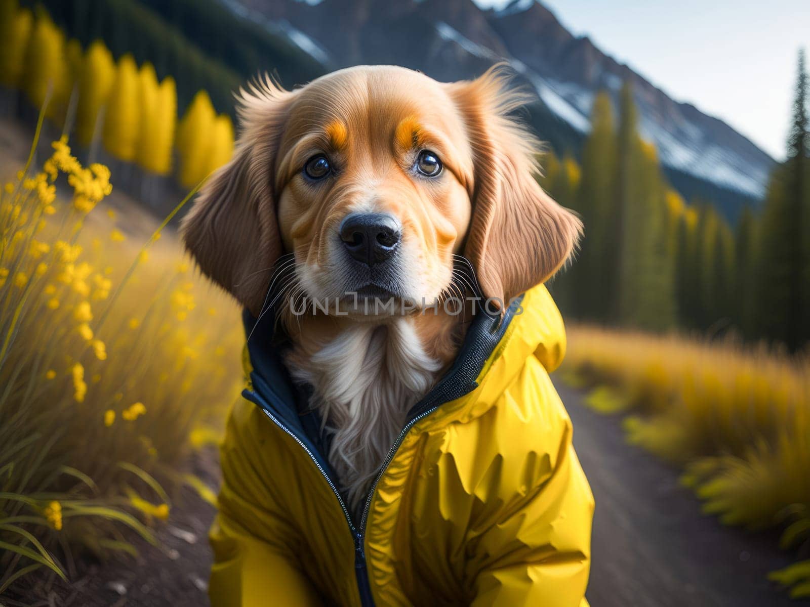 Cute dog golden retriever wearing yellow rain jacket hiking in the forest. Dog vacation relax concept. Generative Ai. by JuliaDorian